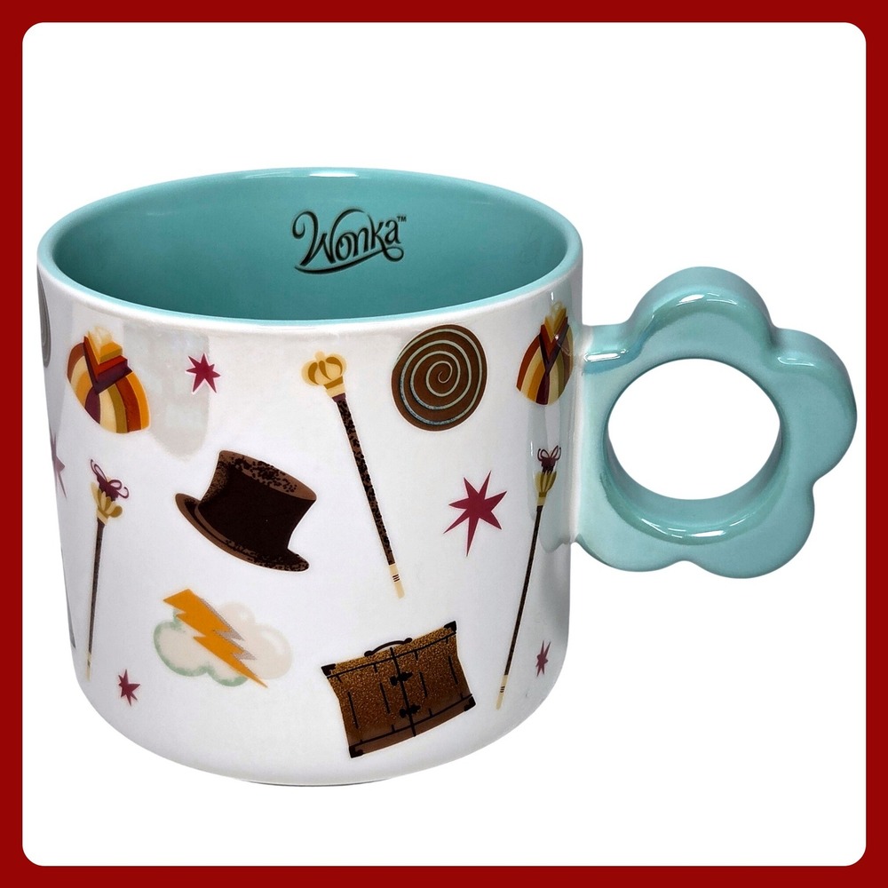 Wonka Movie Magenta Ceramic Mug Teal Flower Handle White Multi Color Like New